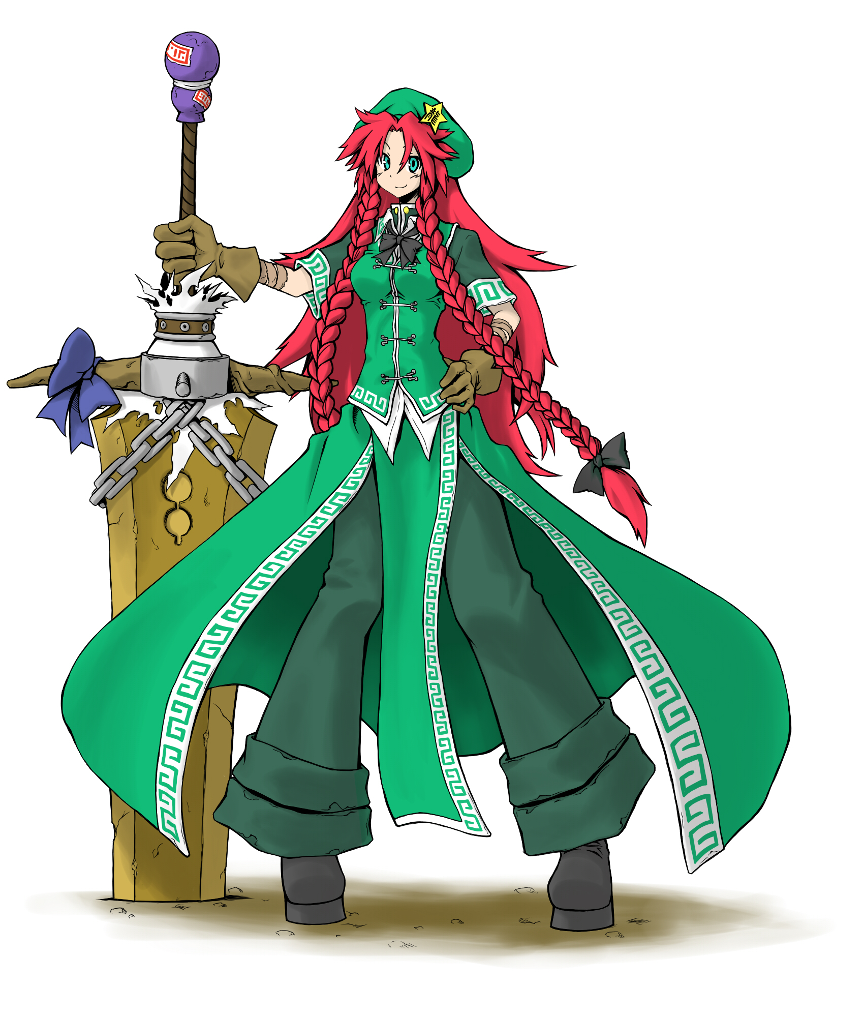 chankodining, yoshida hideyuki, hong meiling, ibuki suika, touhou, bad id, bad pixiv id, highres, 1girl, braid, china dress, chinese clothes, dress, female focus, gourd, green eyes, hand on own hip, hat, huge weapon, long hair, planted, planted sword, red hair, solo, sword, twin braids, weapon
