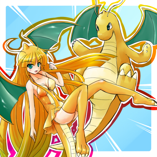 tenjou ryuka, dragonite, moemon, nintendo, pokemon, pokemon rgby, costume, lowres, 1990s (style), 1girl, antenna hair, bare shoulders, blonde hair, blunt bangs, creature and personification, dragon girl, dragon wings, gen 1 pokemon, hime cut, horns, long hair, monster girl, personification, pokemon (creature), retro artstyle, tail, thighhighs, very long hair, wings
