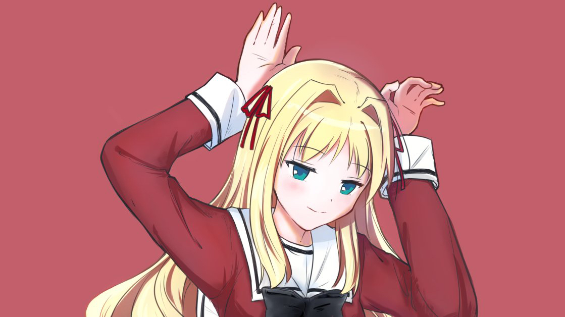 sahara1109, matsubara yuuna, phony (cevio), sono hanabira ni kuchizuke wo, chinese commentary, commentary request, 1girl, arm up, blonde hair, closed mouth, green eyes, hair intakes, long hair, long sleeves, outstretched hand, red background, red ribbon, ribbon, school uniform, simple background, smile, solo, split mouth, st. michael's school uniform, upper body