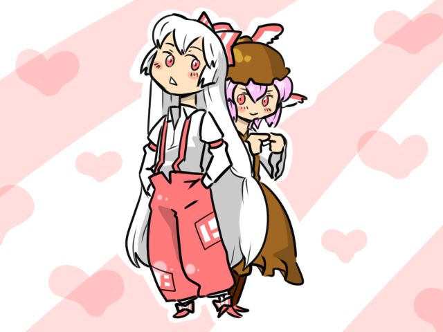 kamina koharu, kanna koharu, fujiwara no mokou, mystia lorelei, touhou, bad id, bad pixiv id, 2girls, animal ears, blush, chibi, female focus, hair ribbon, hands in pockets, hat, heart, long hair, long sleeves, looking back, multiple girls, no nose, pants, pink hair, red eyes, ribbon, shirt, suspenders, white hair, white shirt