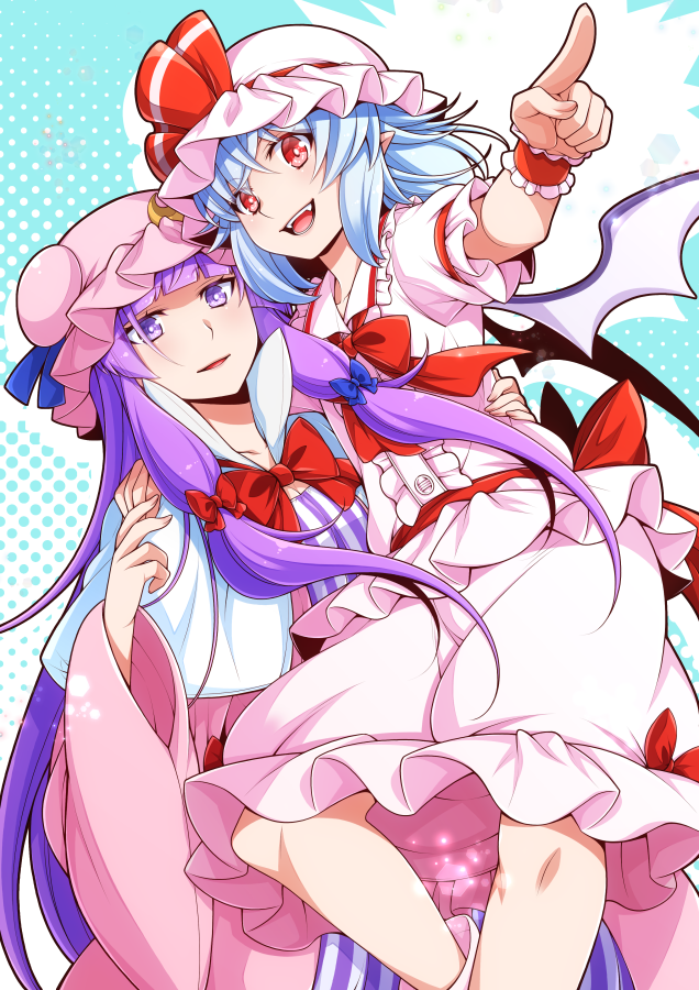 eichi yuu, patchouli knowledge, remilia scarlet, touhou, commentary request, 2girls, arm around shoulder, bat wings, blue hair, bow, bowtie, crescent, crescent hat ornament, dress, hat, hat ornament, hat ribbon, long hair, mob cap, multiple girls, open mouth, pink hat, pink shirt, pink skirt, pointing, pointy ears, purple eyes, purple hair, red bow, red bowtie, red eyes, ribbon, shirt, skirt, smile, striped clothes, striped dress, vertical-striped clothes, vertical-striped dress, wings, wrist cuffs, yuri