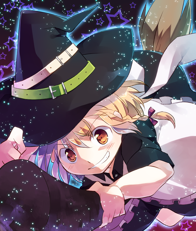 kimino tomonari, kirisame marisa, touhou, bad id, bad pixiv id, 1girl, belt, blonde hair, braid, broom, female focus, hat, orange eyes, side braid, solo, star (symbol), witch, witch hat