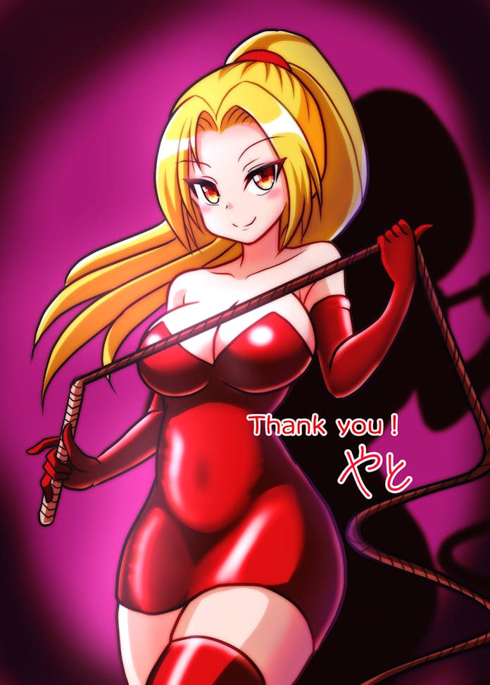 sae (minamina3737), shynesslady, star ocean, star ocean: the second story, commentary request, 1girl, bare shoulders, blonde hair, breasts, cleavage, closed mouth, dress, elbow gloves, gloves, holding, holding whip, large breasts, long hair, looking at viewer, red dress, red gloves, red thighhighs, skirt, smile, solo, thighhighs, whip