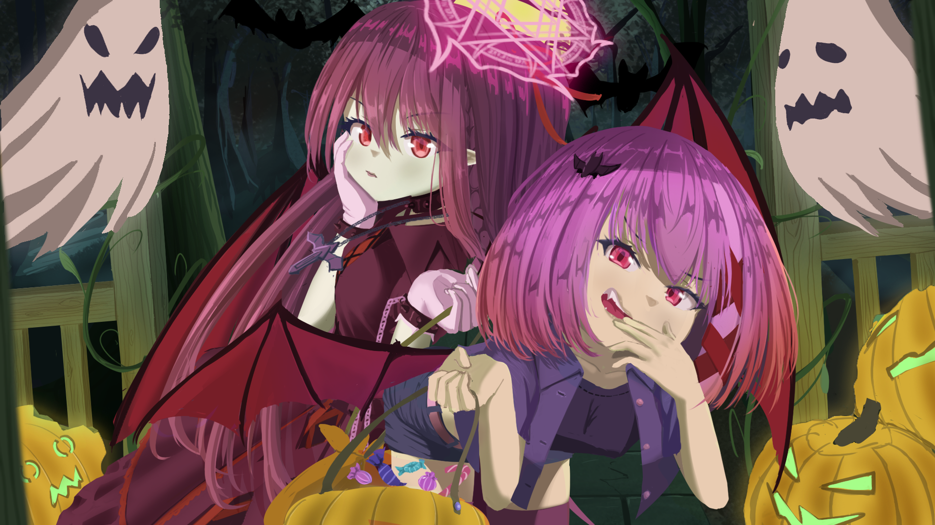 original, commentary, highres, 2girls, bat hair ornament, breasts, candy, fangs, food, ghost, gradient hair, hair ornament, halloween, halloween bucket, halloween costume, halo, hand on own face, holding, jack-o'-lantern, long hair, looking at viewer, multicolored hair, multiple girls, open mouth, pm:9, pointy ears, purple hair, red eyes, red hair, vampire, wings