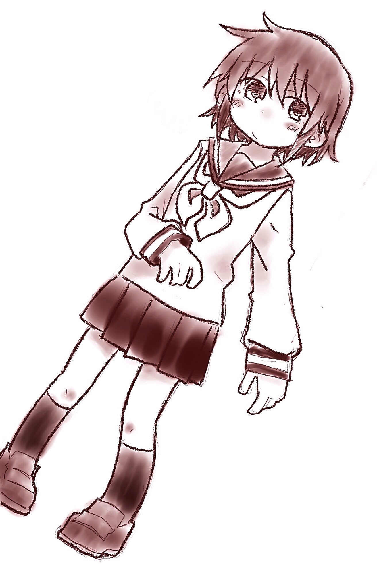 ponnu (tnpn2yw), kude rei (ponnu (tnpn2yw)), original, highres, 1girl, blush, closed mouth, dutch angle, female focus, flat chest, full body, hand up, kneehighs, long sleeves, looking to the side, miniskirt, monochrome, neckerchief, nose blush, pigeon-toed, pleated skirt, sailor collar, school uniform, serafuku, shirt, shoes, short hair, simple background, skirt, socks, solo, standing, white background