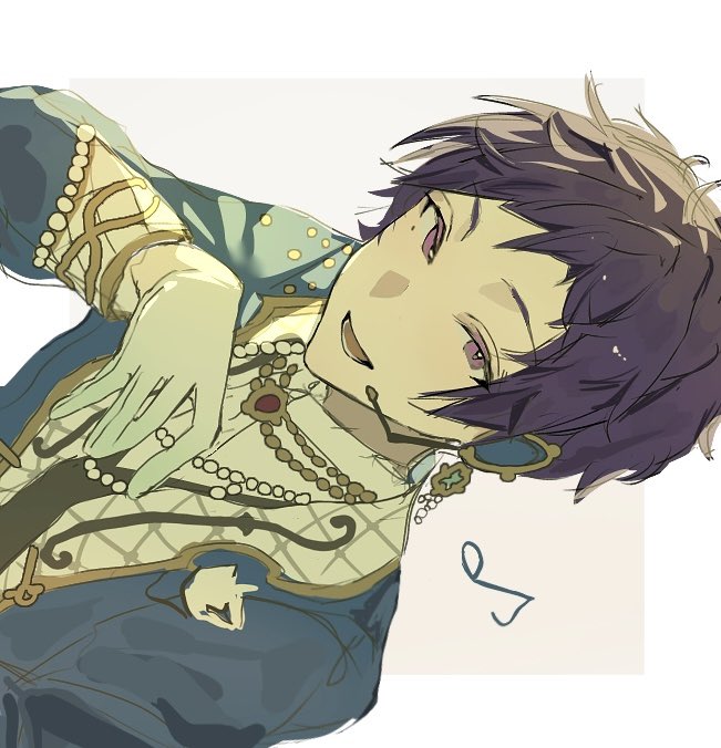 fushimi yuzuru, ensemble stars!, commentary, symbol-only commentary, 1boy, beads, blue hair, gloves, hand up, headset, looking at viewer, lower teeth only, male focus, mole, mole under eye, musical note, open mouth, purple eyes, shimal l, short bangs, short hair, sideways, simple background, smile, solo, teeth, upper body, white gloves