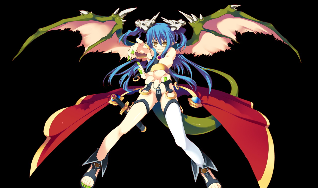 1girl, black background, blue hair, female focus, green nails, long hair, nail polish, pointy ears, sandals, solo, sword, tail, thighhighs, toes, two side up, weapon, white thighhighs, wings, yellow eyes