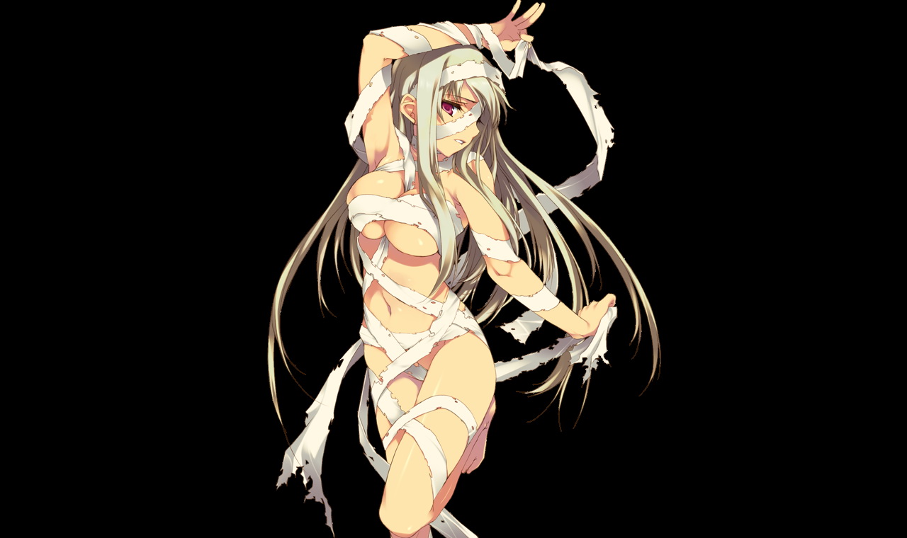 manaka de ikuno!!, source request, 1girl, arm up, armpits, bandages, breasts, brown hair, censored, convenient censoring, female focus, long hair, midriff, naked ribbon, navel, red eyes, ribbon, solo, underboob, white hair