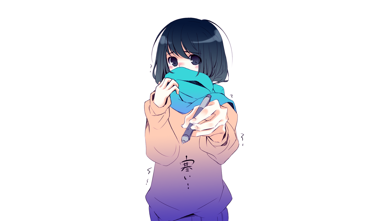 1girl, black eyes, black hair, blue scarf, cold, female focus, long sleeves, pen, scarf, solo, trembling