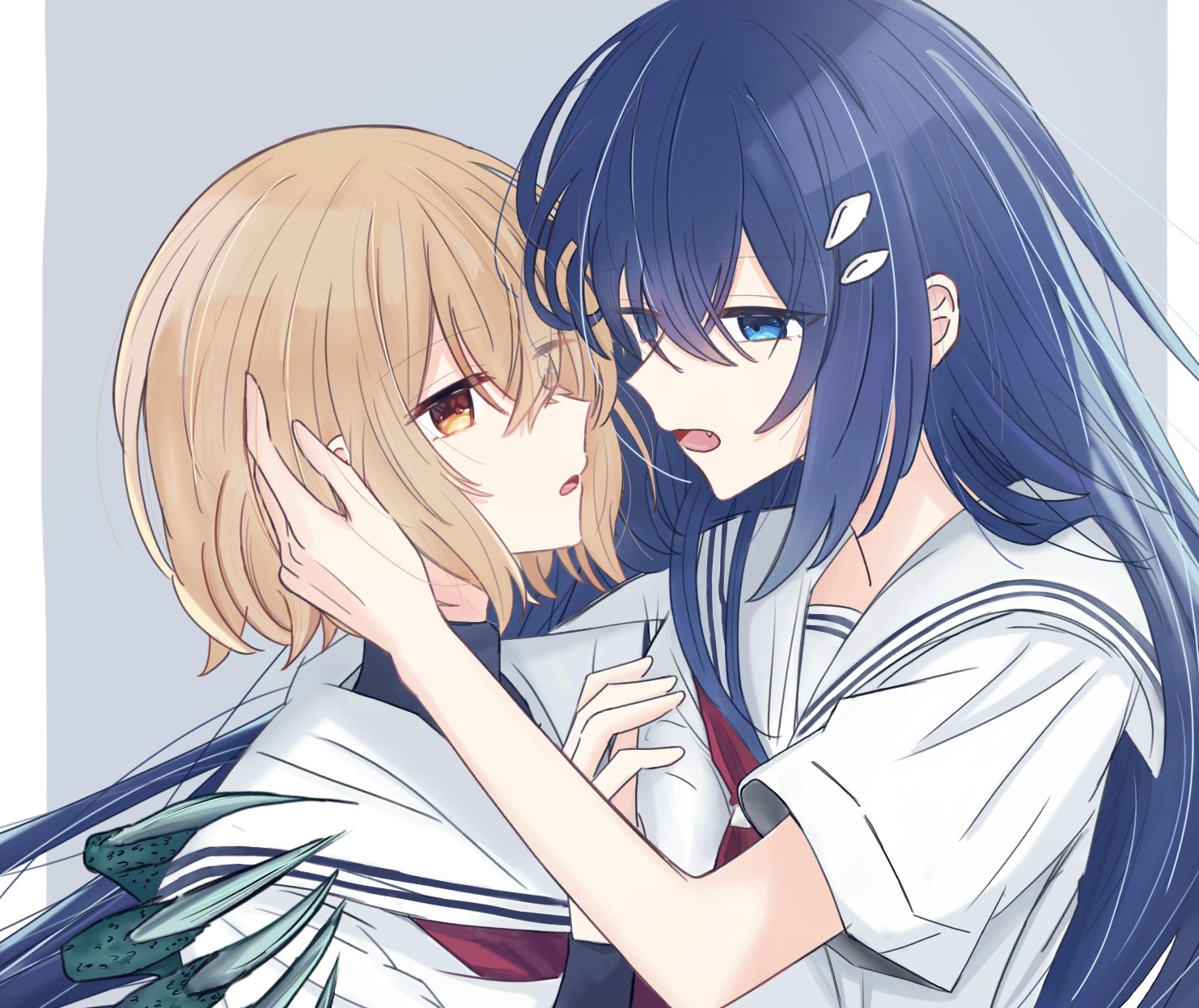 oumi shiori, yaotose hinako, watashi wo tabetai hitodenashi, commentary, highres, 2girls, blue eyes, blue hair, brown eyes, brown hair, claws, eye contact, fang, grey background, hair ornament, hand on another's face, lilxy z1y, looking at another, multiple girls, open mouth, sailor collar, school uniform, serafuku, shirt, short hair, simple background, white sailor collar, white shirt, yuri
