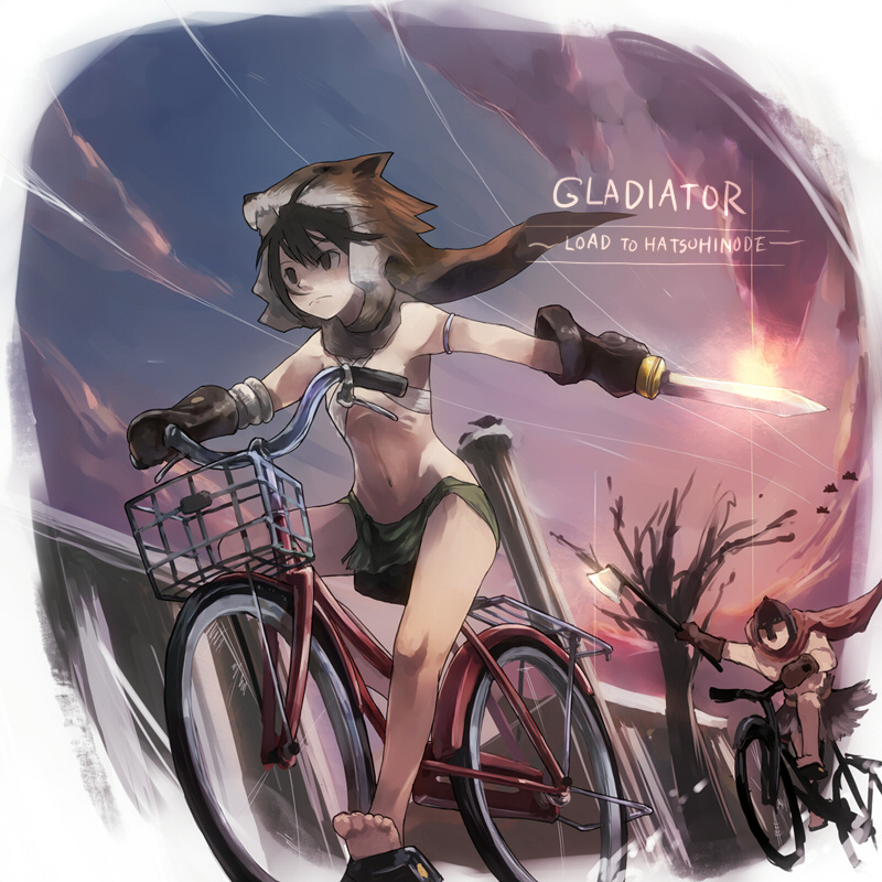 gregorius yamada, original, looking away, 1boy, 1girl, animal hood, armlet, axe, bandeau, bare legs, bare tree, barefoot, basket, bicycle, black eyes, black hair, chasing, cloak, cloud, criss-cross halter, english text, engrish text, faceless, faceless male, flat chest, from below, gloves, halterneck, helmet, holding, holding weapon, hood, jewelry, light frown, loincloth, midriff, navel, outdoors, ranguage, riding, sky, sun, sword, tree, weapon, wind, wind lift