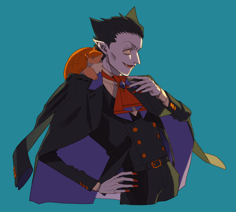 tnaym, draluc (kyuuketsuki sugu shinu), john (kyuuketsuki sugu shinu), kyuuketsuki sugu shinu, commentary request, 1boy, animal, animal on shoulder, black cape, black hair, black jacket, black pants, blue background, cape, cheekbones, cropped legs, jacket, long sleeves, male focus, open mouth, pants, pointy ears, red nails, short hair, simple background, solo, vampire