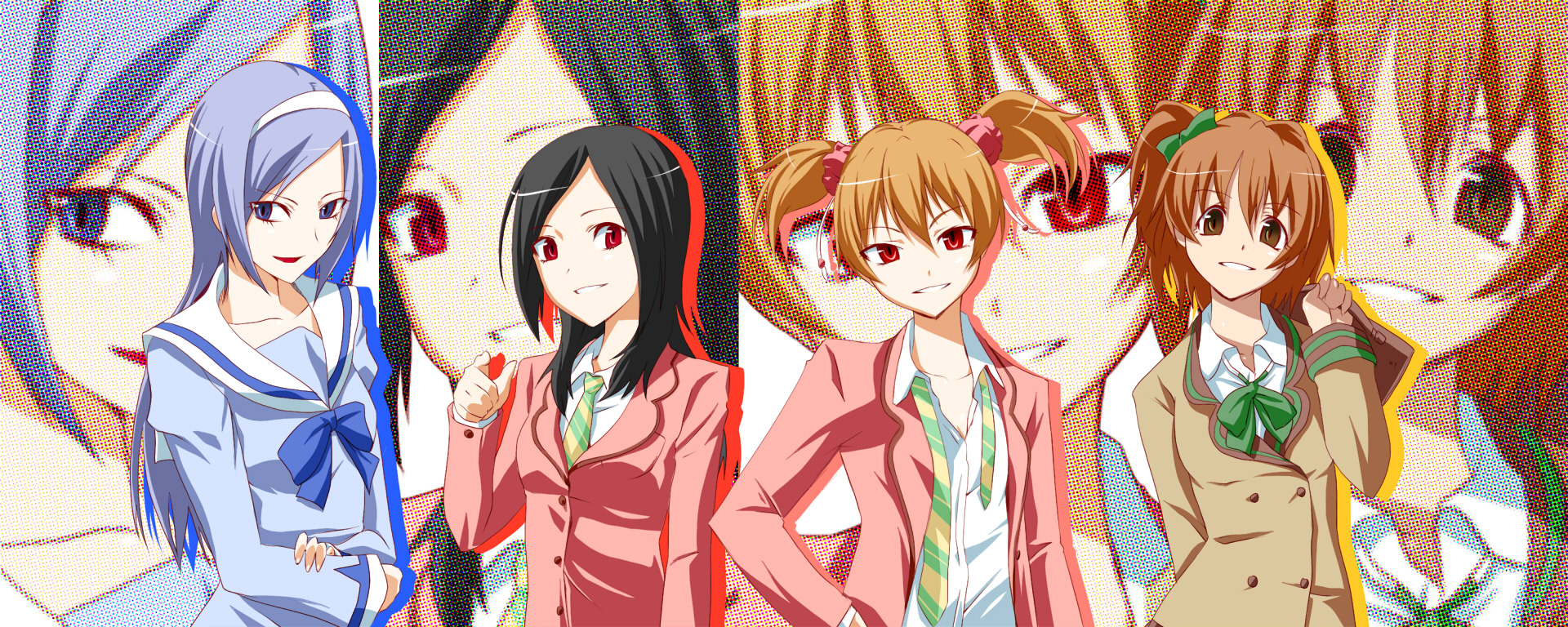 nishina, aono miki, higashi setsuna, momozono love, yamabuki inori, fresh precure!, precure, highres, long image, wide image, 00s, 4girls, bag, black hair, brown eyes, brown hair, everyone, eyelashes, hairband, lips, long hair, multiple girls, necktie, purple eyes, purple hair, red eyes, school bag, school uniform, side ponytail, twintails, zoom layer