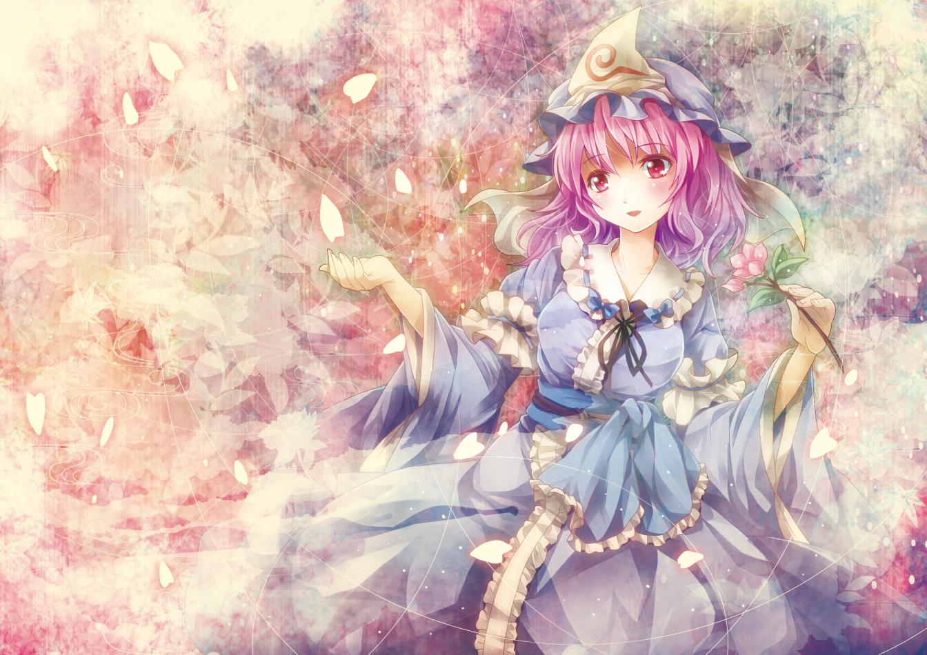 michii yuuki, saigyouji yuyuko, touhou, bad id, bad pixiv id, 1girl, breasts, dress, female focus, flower, hat, japanese clothes, pink hair, plant, red eyes, short hair, solo