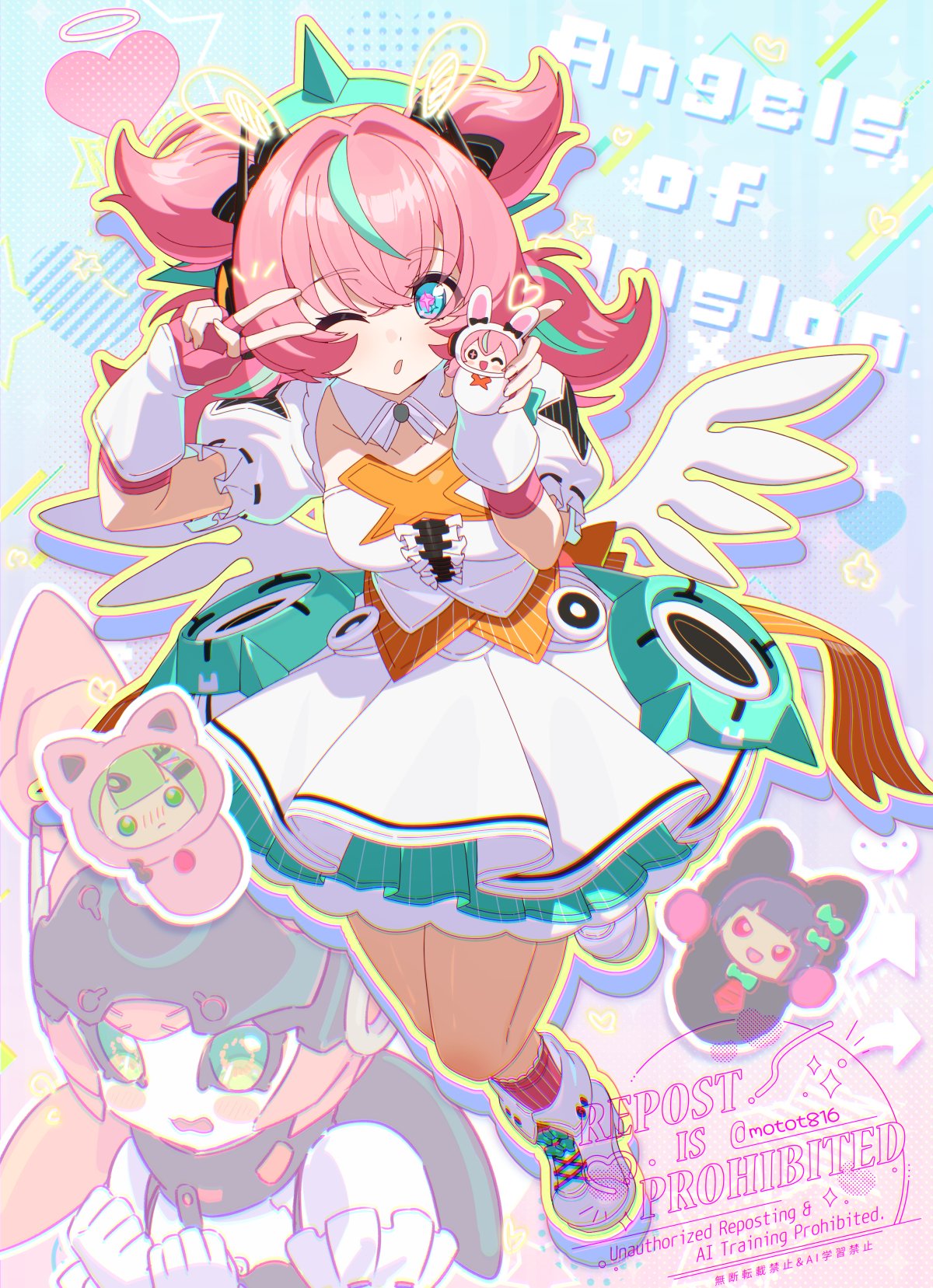 mm (motot), chinatsu remiel, rokudu sariel, yutane johiel, zenless zone zero, highres, 1girl, aqua hair, blue eyes, boots, dress, english text, fingerless gloves, full body, gloves, hands up, holding, looking at viewer, medium hair, multicolored hair, one eye closed, parted lips, pink gloves, pink hair, pink socks, puffy short sleeves, puffy sleeves, short sleeves, socks, standing, standing on one leg, streaked hair, v, white boots, white dress