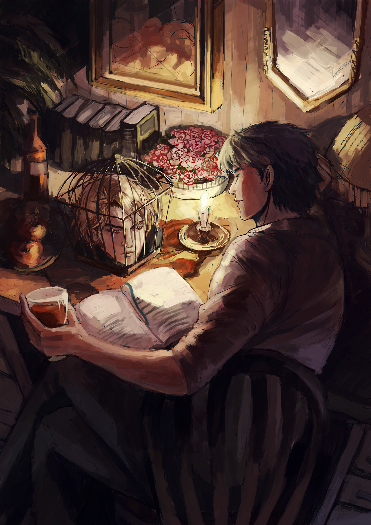 dio brando, jonathan joestar, jojo no kimyou na bouken, phantom blood, commentary, english commentary, highres, 2boys, apple, blonde hair, book, bottle, brown hair, cage, candle, candlelight, chair, crossed legs, dim lighting, disembodied head, drink, dupisan, flower, food, fruit, holding, holding drink, indoors, male focus, multiple boys, on chair, open book, profile, reading, red eyes, red flower, red rose, rose, shirt, short hair, sitting, table