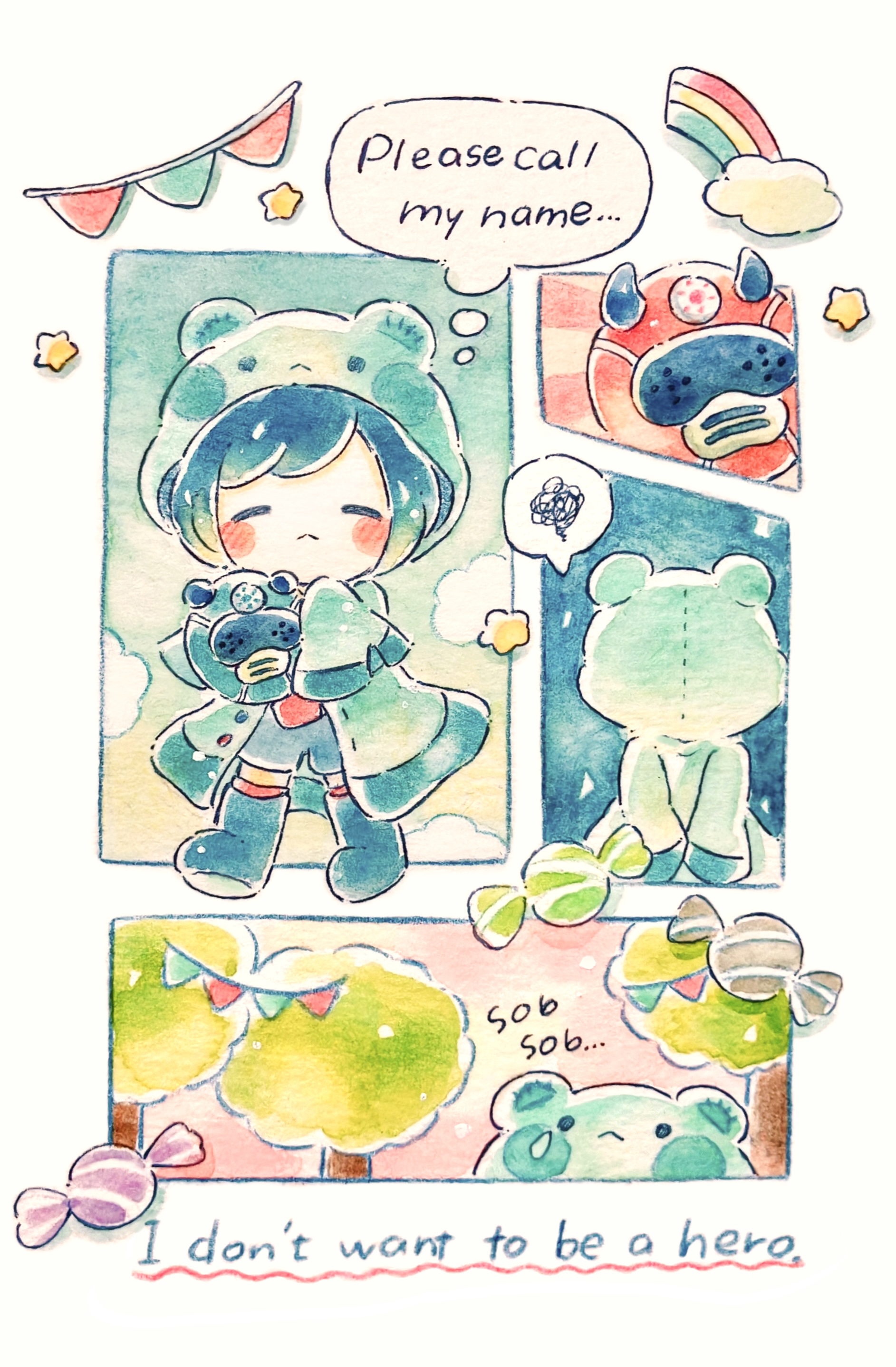 yukichi 0611, maimaimaigoen, absurdres, colored pencil (medium), commentary request, highres, painting (medium), traditional media, watercolor (medium), 1boy, blush stickers, candy, closed eyes, cloud, english text, food, hood, hooded coat, male focus, multiple views, rainbow, raincoat, sleeves past fingers, sleeves past wrists, speech bubble, spoken squiggle, squiggle, thought bubble, tree, wataru (maimaimaigoen), wrapped candy