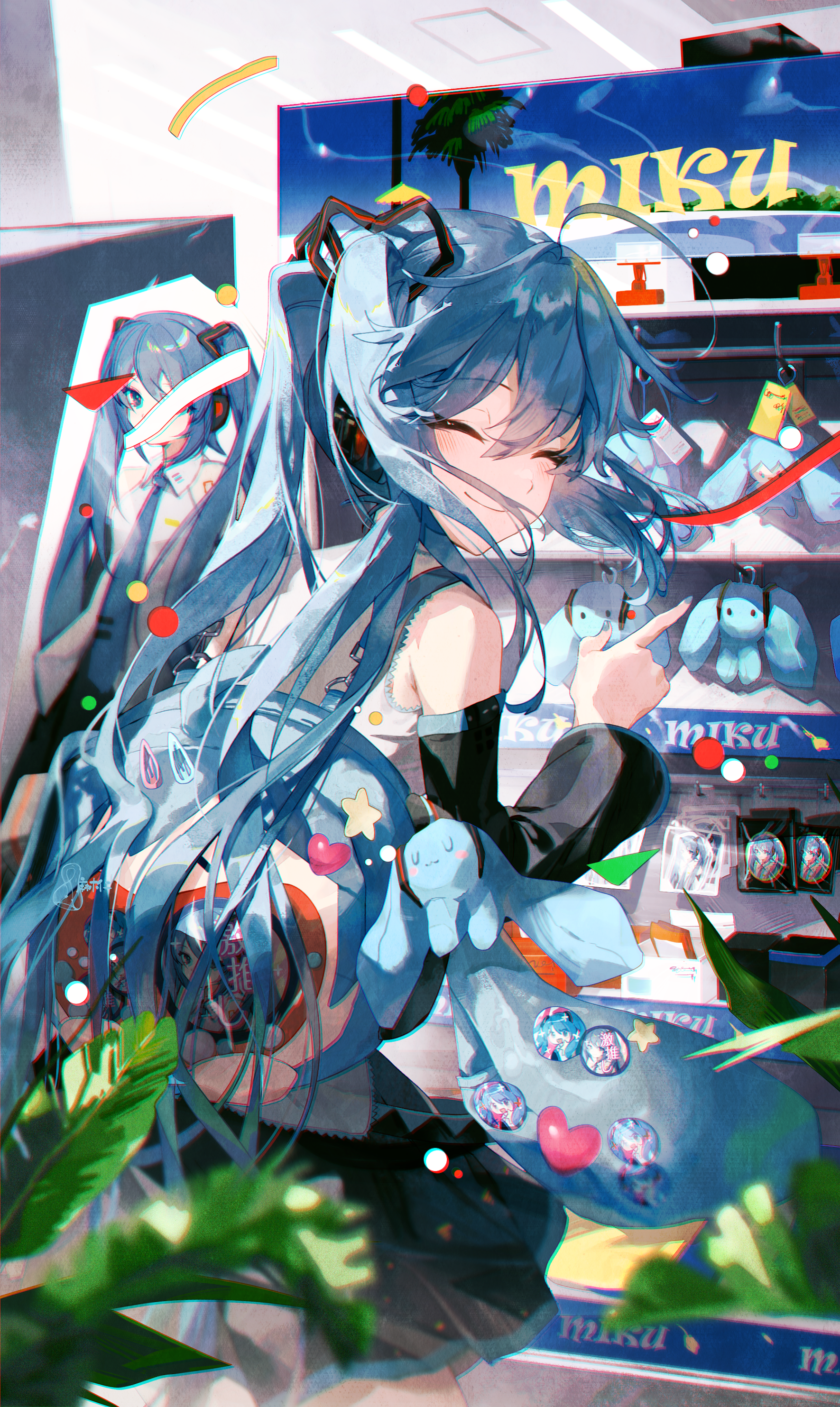 asagi jin, hatsune miku, vocaloid, absurdres, commentary request, highres, 1girl, ^ ^, ahoge, bare shoulders, black skirt, black sleeves, blue eyes, blue hair, chromatic aberration, closed eyes, closed mouth, detached sleeves, facing viewer, from behind, heart, indoors, long sleeves, pleated skirt, pointing, shirt, skirt, sleeveless, sleeveless shirt, solo, star (symbol), twintails, white shirt