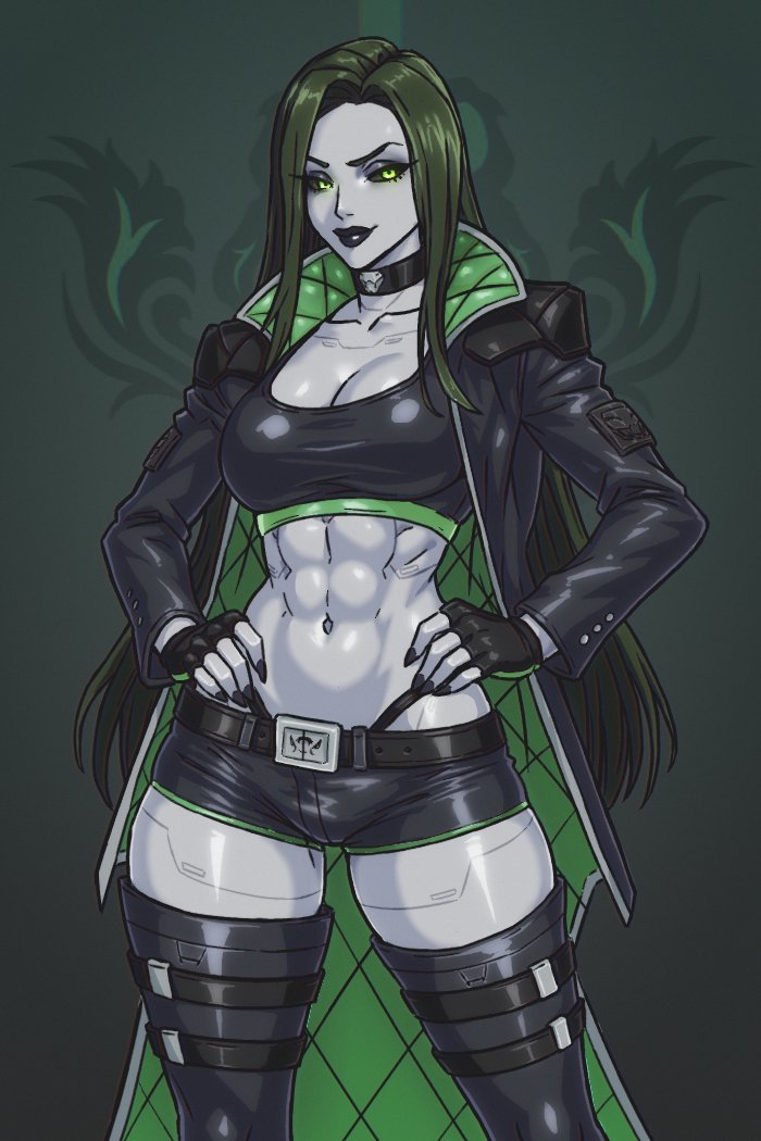 csaurageul, original, 1girl, abs, android, bikini, bikini bottom under shorts, bikini under clothes, black lips, black tank top, breasts, choker, green eyes, green hair, hands on own hips, jacket, large breasts, looking at viewer, muscular, muscular female, shorts, swimsuit, tank top