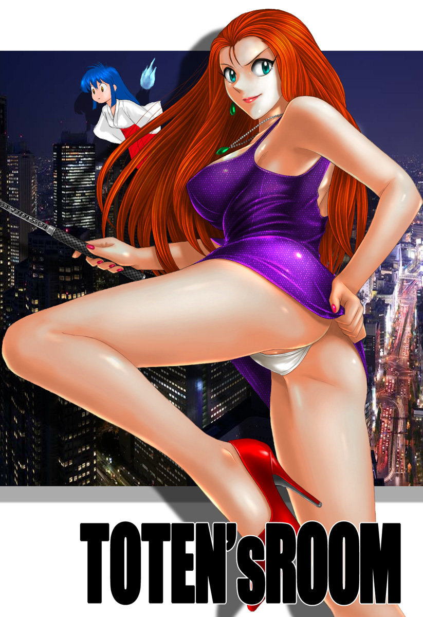 toten (der fuhrer), himuro kinu, maria (ghost sweeper mikami), mikami reiko, ghost sweeper mikami, highres, 2girls, ass, dress, dress tug, earrings, high heels, jewelry, long hair, multiple girls, nail polish, orange hair, panties, pink nails, pumps, red hair, shoes, siddham, stiletto heels, underwear, upskirt, white panties