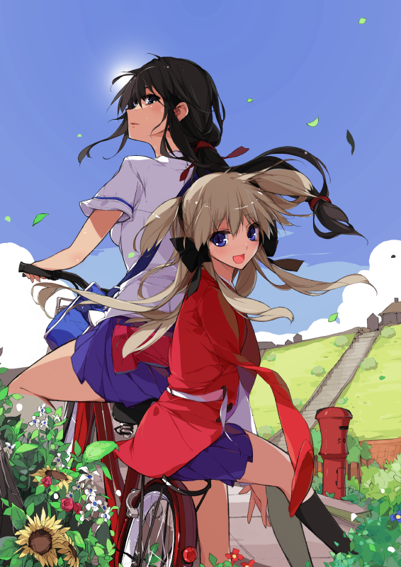 sakura sora, bad id, bad pixiv id, 2girls, bicycle, black eyes, black hair, blue eyes, day, flower, multiple girls, multiple riders, ribbon, sky, white hair