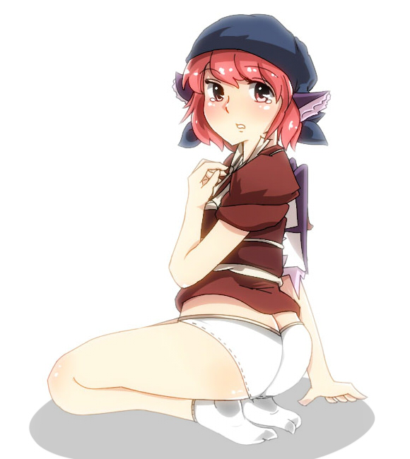 meno~n, mystia lorelei, okamisty, touhou, 1girl, animal ears, ass, black headscarf, female focus, headscarf, japanese clothes, kneeling, legs, no pants, panties, pink eyes, pink hair, short hair, solo, tabi, underwear, white panties