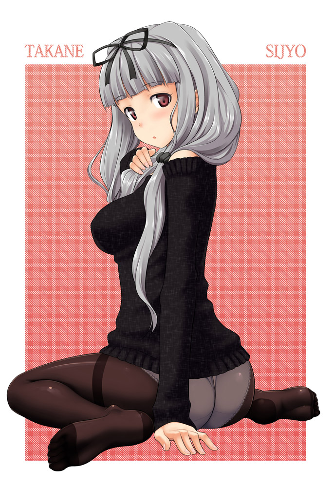 takayaki, shijou takane, idolmaster, idolmaster (classic), silver hair, 1girl, ass, blunt bangs, bottomless, breasts, crotch seam, feet, female focus, hair ribbon, hime cut, large breasts, long hair, looking back, no pants, no shoes, outside border, panties, panties under pantyhose, pantyhose, ribbon, sideboob, sitting, soles, solo, sweater, thighband pantyhose, underwear, wariza