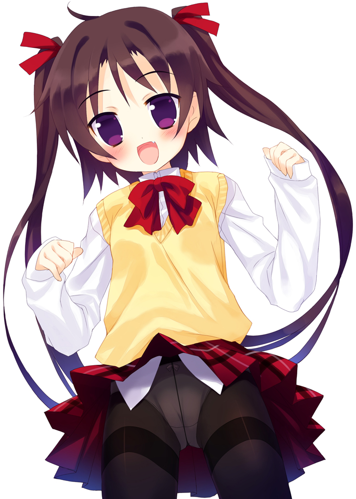 meito (maze), original, 1girl, ahoge, black pantyhose, blush, bow, bow panties, child, cowboy shot, crotch seam, fang, female focus, from below, open mouth, panties, panties under pantyhose, pantyhose, pantyshot, purple eyes, school uniform, skirt, smile, solo, sweater vest, thighband pantyhose, twintails, underwear, upskirt, white panties
