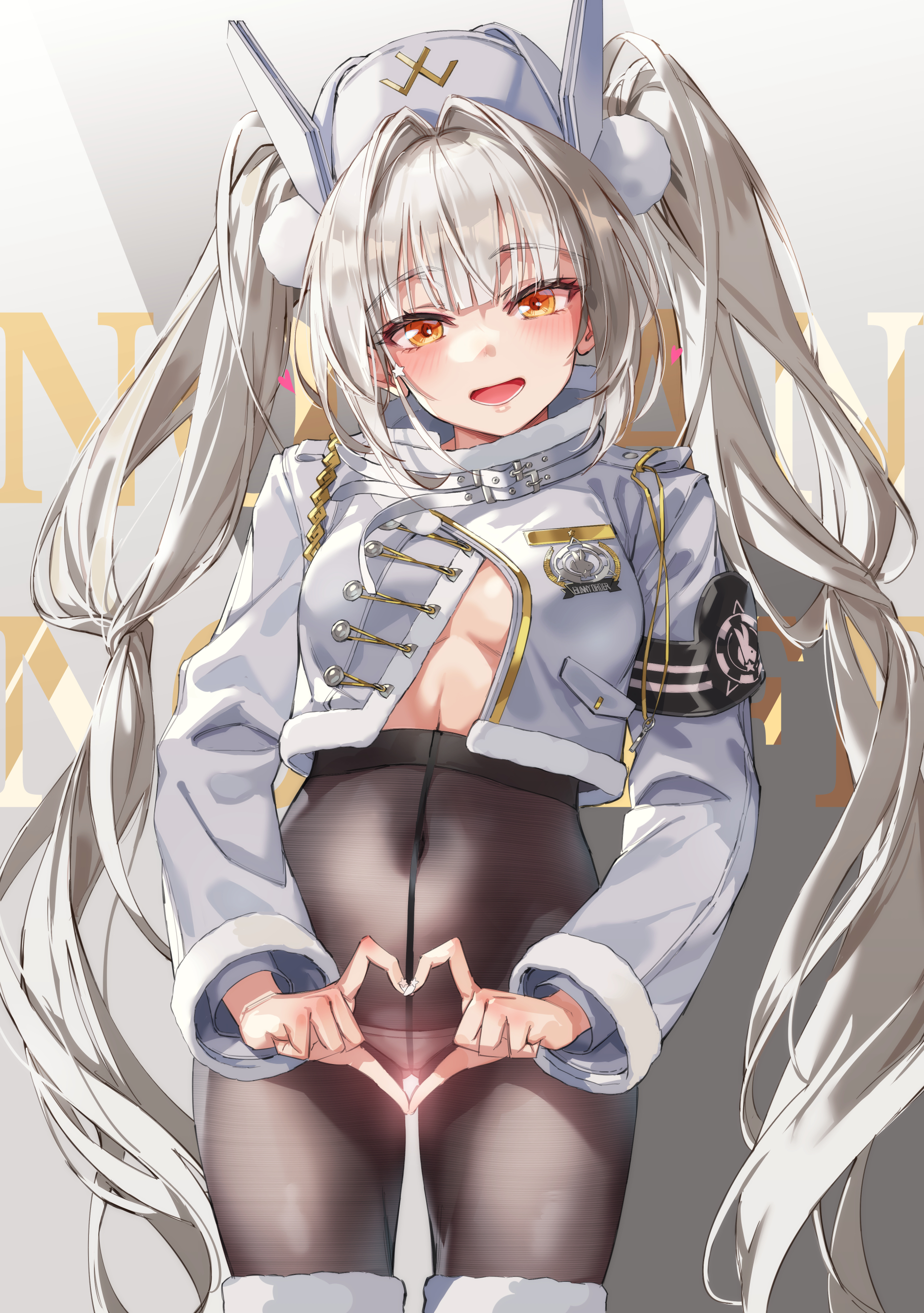 michairu, blanc (fortune express) (nikke), blanc (nikke), goddess of victory: nikke, absurdres, highres, 1girl, blush, breasts, brown eyes, covered navel, cowboy shot, fingernails, gluteal fold, hair between eyes, hat, heart, heart hands, jacket, long hair, long sleeves, looking at viewer, medium breasts, open clothes, open jacket, open mouth, pantyhose, petite, shirt, simple background, solo, standing, thighband pantyhose, twintails, underwear, very long hair, white hair
