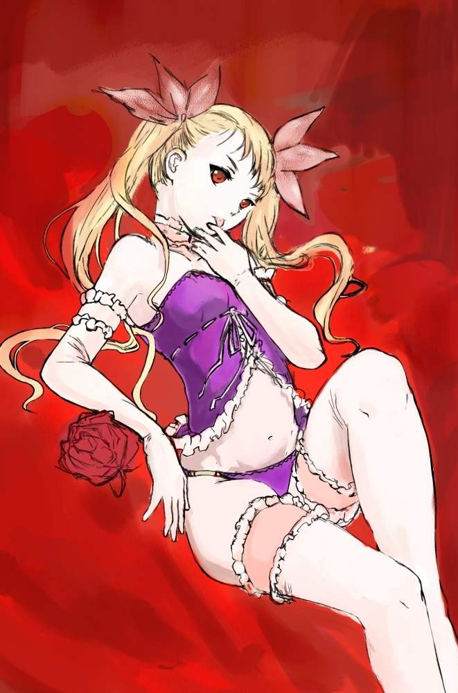 kayami rei, mina tepes, dance in the vampire bund, 1girl, babydoll, blonde hair, choker, elbow gloves, female focus, flat chest, flower, gloves, lying, panties, red eyes, solo, thighhighs, tongue, underwear