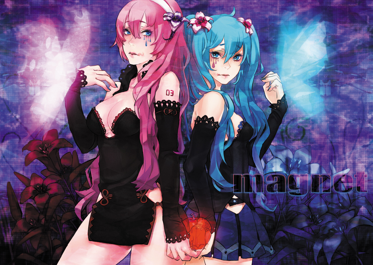 kurumi (kukukurumi), kurumi (pixiv427588), hatsune miku, megurine luka, magnet (vocaloid), vocaloid, bad id, bad pixiv id, 2girls, apple, aqua eyes, aqua hair, back-to-back, bug, butterfly, detached sleeves, dress, flower, food, fruit, hair flower, hair ornament, holding, holding food, holding fruit, long hair, multiple girls, pink hair, skirt, yuri