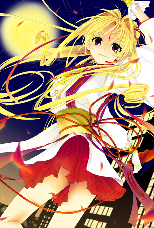 meguri, kaitou jeanne, kusakabe maron, kamikaze kaitou jeanne, 1990s (style), 1girl, blonde hair, building, earrings, female focus, full moon, gloves, jewelry, legs, long hair, looking back, moon, night, obi, outdoors, petals, purple eyes, ribbon, sash, skirt, sky, smile, solo, wind