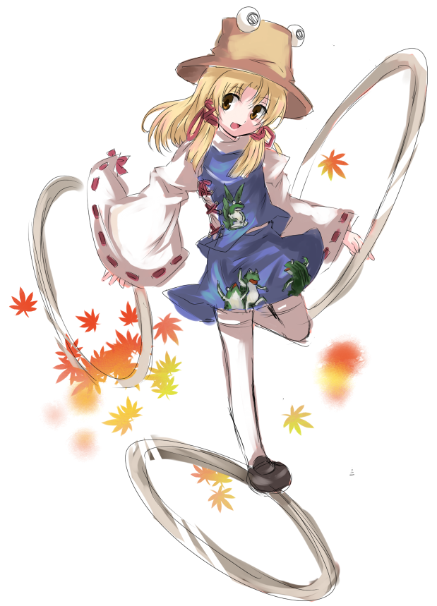 noil nws, moriya suwako, touhou, hoop, bad id, bad pixiv id, 1girl, blonde hair, chakram, female focus, frog, full body, hat, leaf, long hair, long sleeves, maple leaf, moriya's iron rings, open mouth, ribbon, shoes, skirt, solo, standing, standing on one leg, thighhighs, weapon, white background, white thighhighs, wide sleeves, yellow eyes