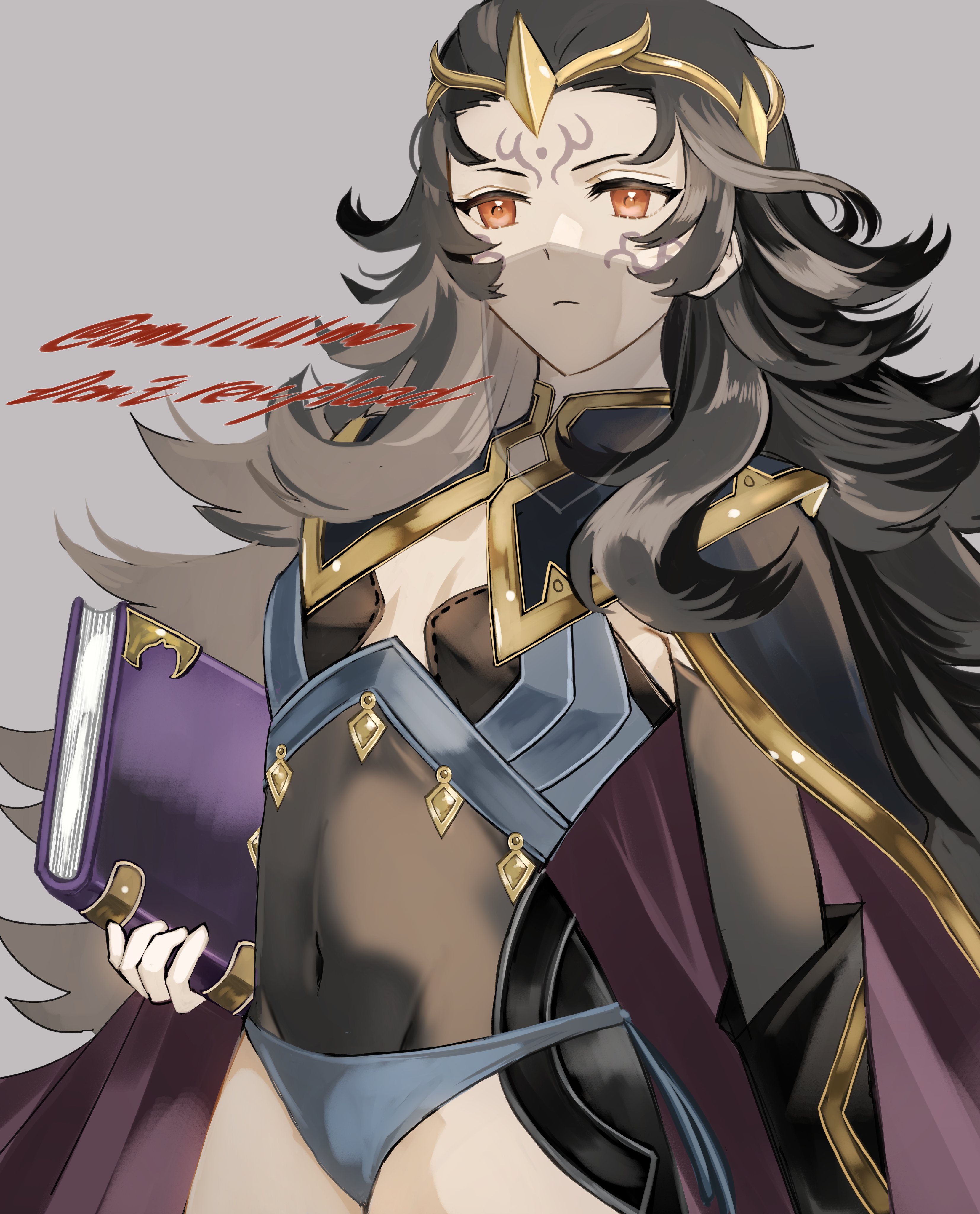 omlililimo, nyx (fire emblem), fire emblem, fire emblem fates, nintendo, absurdres, highres, 1girl, black bridal gauntlets, black hair, blue panties, bodystocking, book, breasts, bridal gauntlets, circlet, facial mark, forehead mark, holding, holding book, long hair, looking at viewer, messy hair, mouth veil, panties, red eyes, see-through clothes, see-through veil, small breasts, tiara, underwear, veil, very long hair