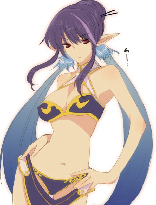 tsukigami runa, judith (tales), tales of (series), tales of vesperia, bad id, bad pixiv id, 00s, 1girl, bikini, blue hair, breasts, cleavage, elf, female focus, hands on own hips, hip focus, midriff, pointy ears, red eyes, solo, swimsuit