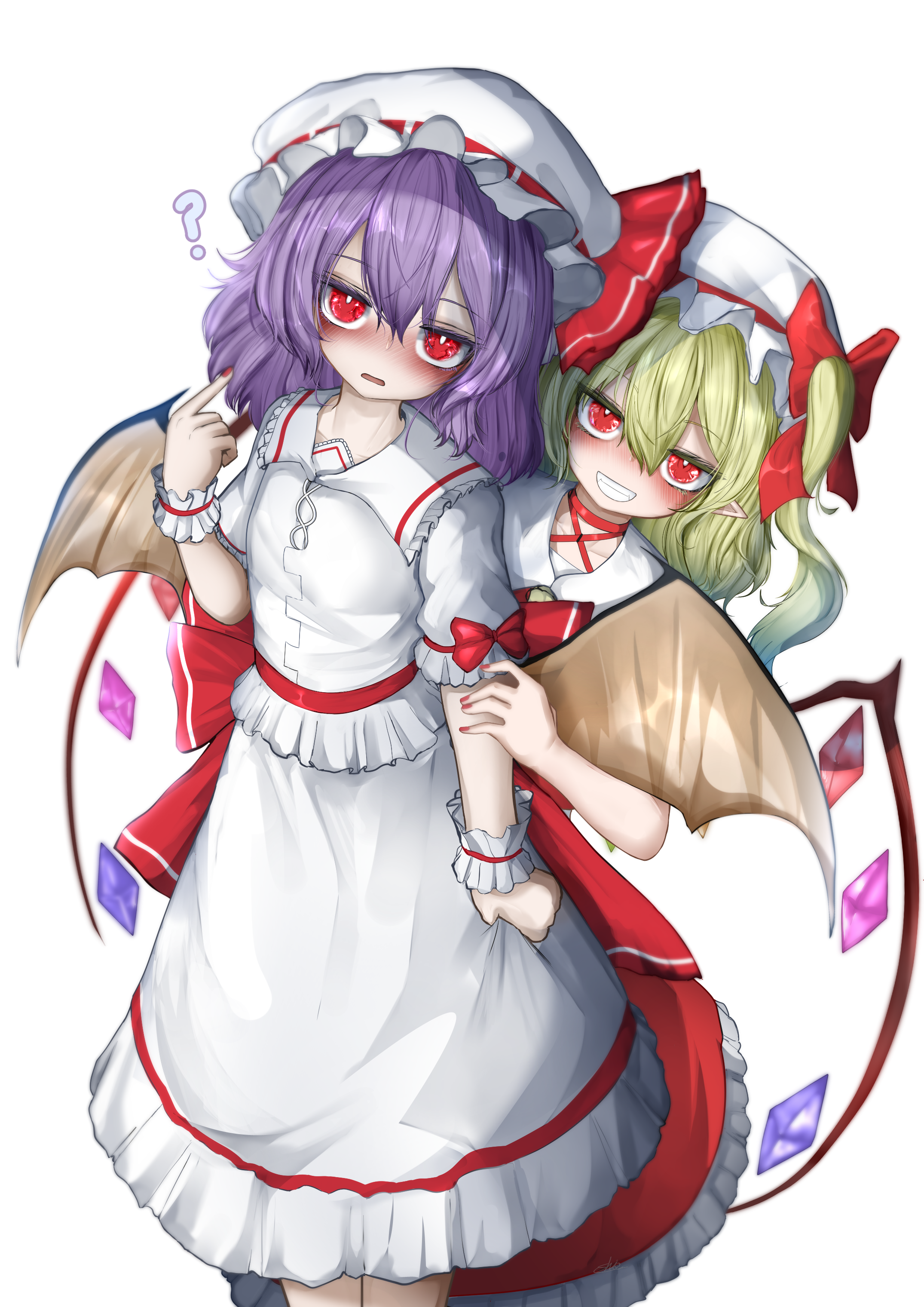 itanase, flandre scarlet, remilia scarlet, touhou, absurdres, commentary, highres, 2girls, ?, ascot, bat wings, behind another, blonde hair, blush, bow, collared shirt, cowboy shot, crystal, crystal wings, frilled shirt collar, frilled skirt, frills, grin, hat, hat ribbon, long hair, looking at viewer, mob cap, multicolored wings, multiple girls, one side up, pointing, pointy ears, puffy short sleeves, puffy sleeves, purple hair, red bow, red eyes, red nails, red skirt, red vest, ribbon, shirt, short sleeves, siblings, simple background, sisters, skirt, skirt set, sleeve bow, smile, vest, white background, white hat, white shirt, white skirt, wings, wrist cuffs, yellow ascot