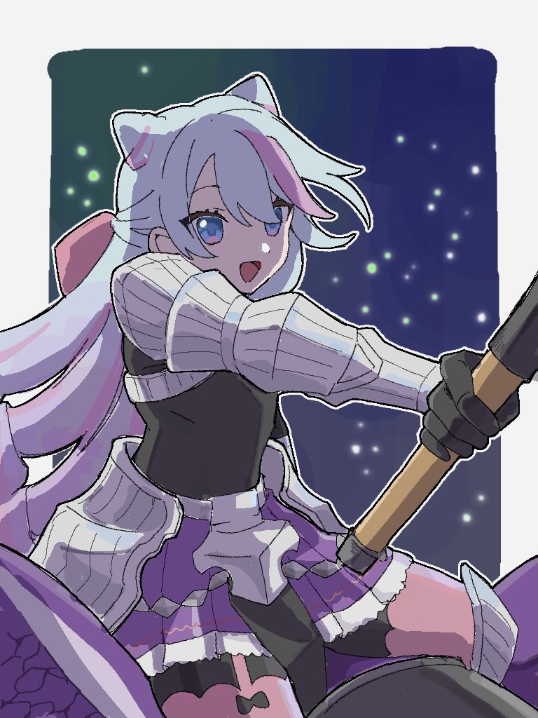 rosado (fire emblem), fire emblem, fire emblem engage, nintendo, commentary, symbol-only commentary, 1boy, androgynous, blue eyes, blue hair, cone hair bun, drill hair, hair between eyes, hair bun, hair horns, holding, holding polearm, holding weapon, long hair, looking at viewer, papi ike, pink hair, polearm, smile, solo, trap, weapon