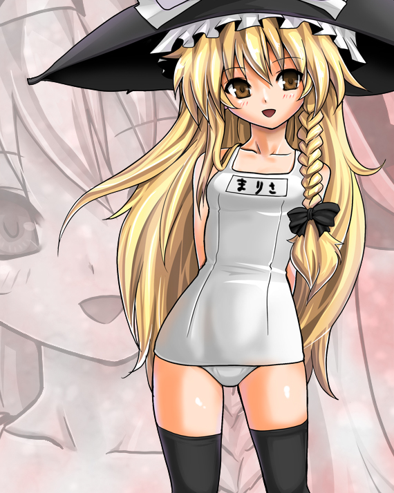 erugiza, kirisame marisa, touhou, bad id, bad pixiv id, 1girl, blonde hair, braid, female focus, hat, long hair, one-piece swimsuit, school swimsuit, solo, swimsuit, thighhighs, white one-piece swimsuit, white school swimsuit, witch, witch hat, yellow eyes, zoom layer