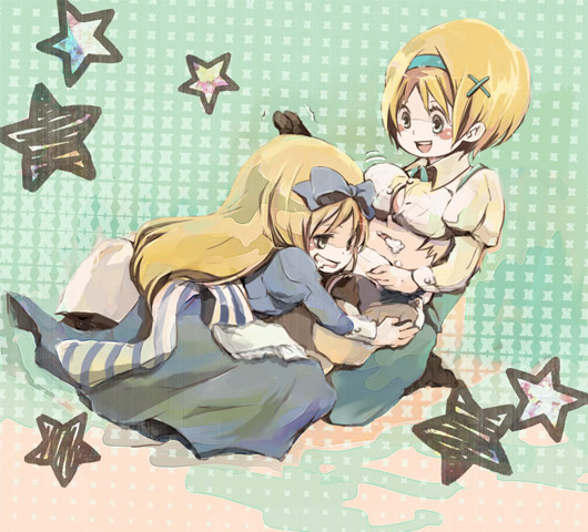 kemuri, belarus (hetalia), russia (hetalia), ukraine (hetalia), axis powers hetalia, bad id, bad pixiv id, 1boy, 2girls, blonde hair, bow, breasts, foam, green eyes, hair bow, long hair, multiple girls, saliva, short hair, siblings, star (symbol)