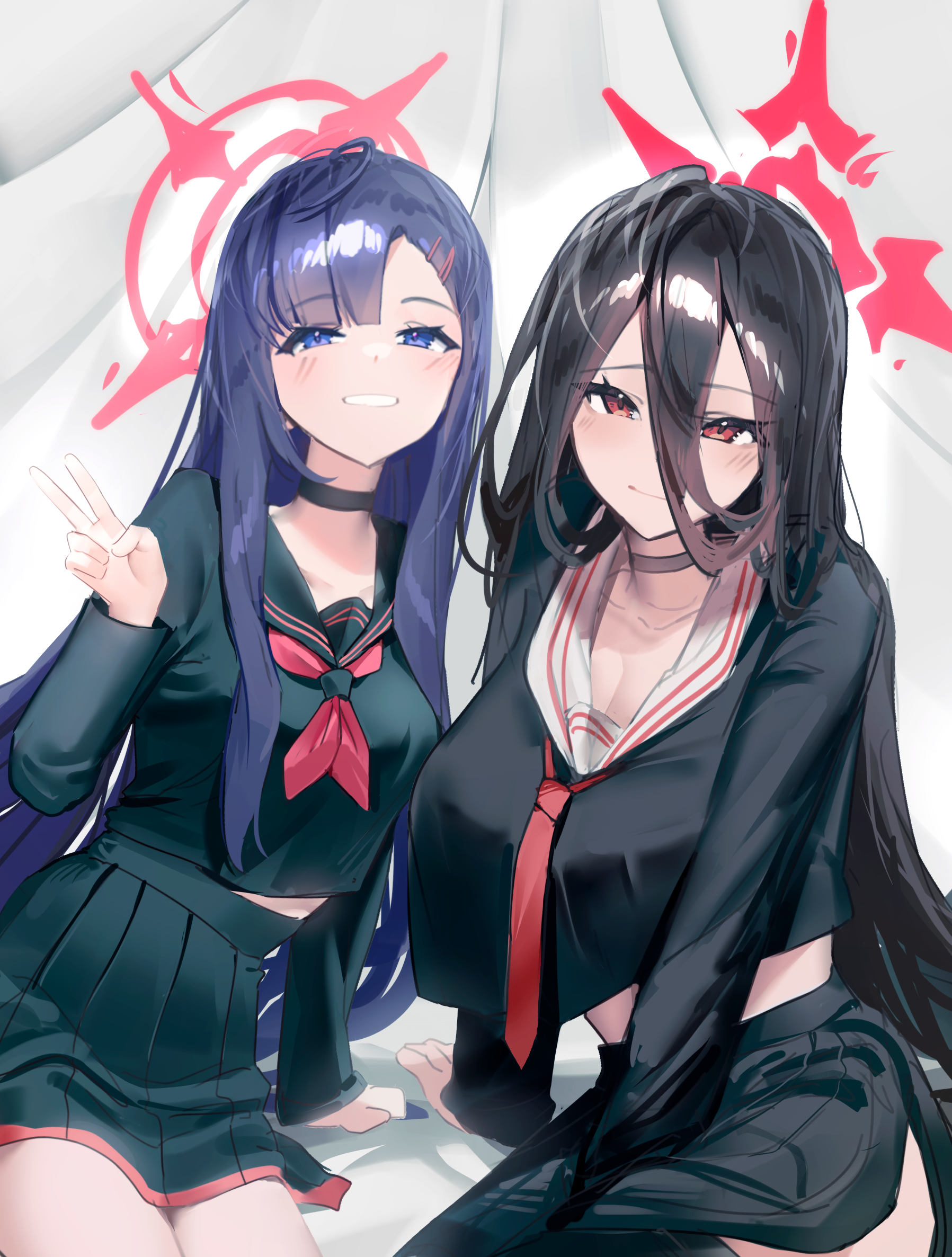 bloom muchi, hasumi (blue archive), ichika (blue archive), blue archive, highres, revision, 2girls, between legs, black choker, black hair, black sailor collar, black serafuku, black shirt, black skirt, blunt bangs, breasts, choker, closed mouth, grin, hair behind ear, hair between eyes, hair ornament, hairclip, halo, hand between legs, long hair, multiple girls, neckerchief, necktie, purple hair, red eyes, red halo, red neckerchief, red necktie, sailor collar, school uniform, serafuku, shirt, skirt, smile, v, white sailor collar