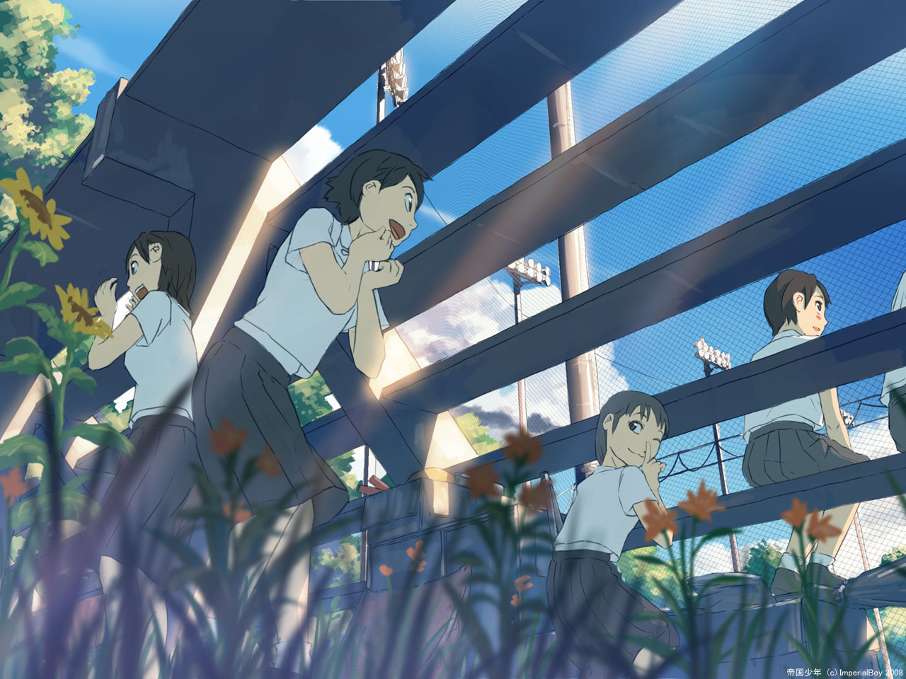 teikoku shounen, original, 4girls, black hair, blush, cloud, day, finger to mouth, flower, grass, light rays, multiple girls, one eye closed, school uniform, shade, short hair, shushing, skirt, sky, sunbeam, sunlight, wink