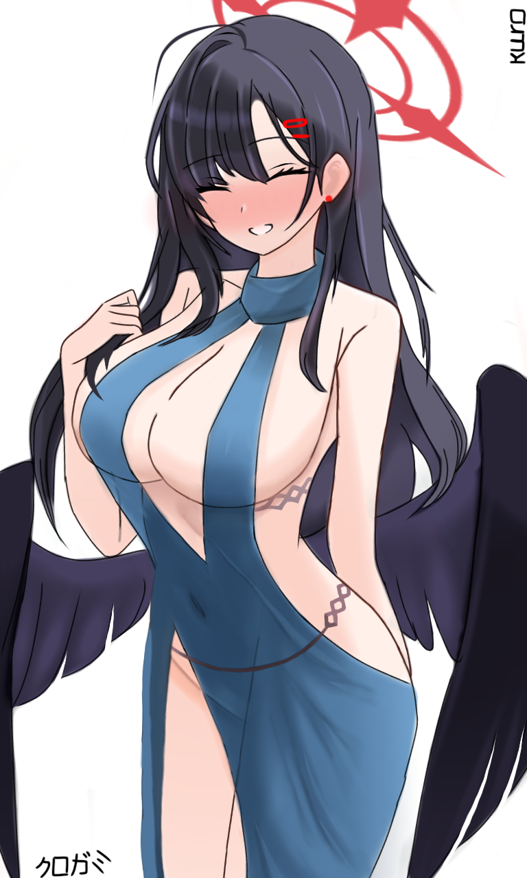 kurogami fuyuki, ako (blue archive), ako (dress) (blue archive), ichika (blue archive), blue archive, commentary request, highres, revision, 1girl, ako (blue archive) (cosplay), backless dress, backless outfit, black hair, black wings, blue dress, breasts, closed eyes, cosplay, cuffs, dress, feathered wings, hair ornament, hairclip, halo, long hair, low wings, plunging neckline, sideboob, sideless dress, sideless outfit, simple background, sleeveless, sleeveless dress, solo, white background, wings