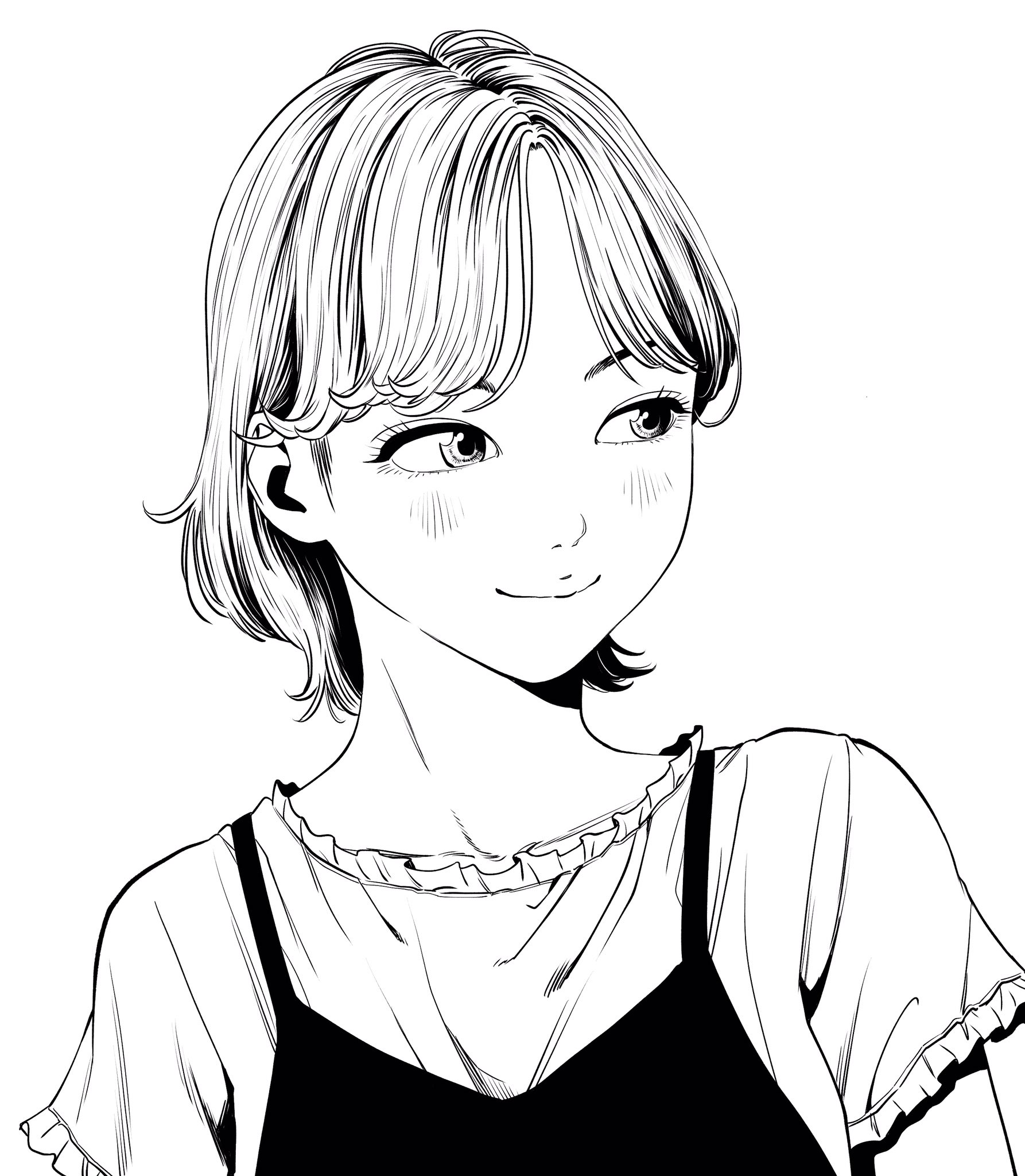 lee (dragon garou), original, commentary request, highres, 1girl, eyebrows hidden by hair, eyelashes, frilled shirt, frills, light blush, looking to the side, monochrome, portrait, shirt, short hair, sideburns, smile, solo