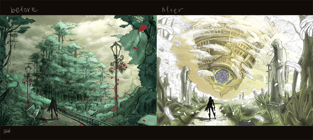 bayonetta, bayonetta (series), bayonetta 1, official art, lamppost, petals, silhouette, statue, tree