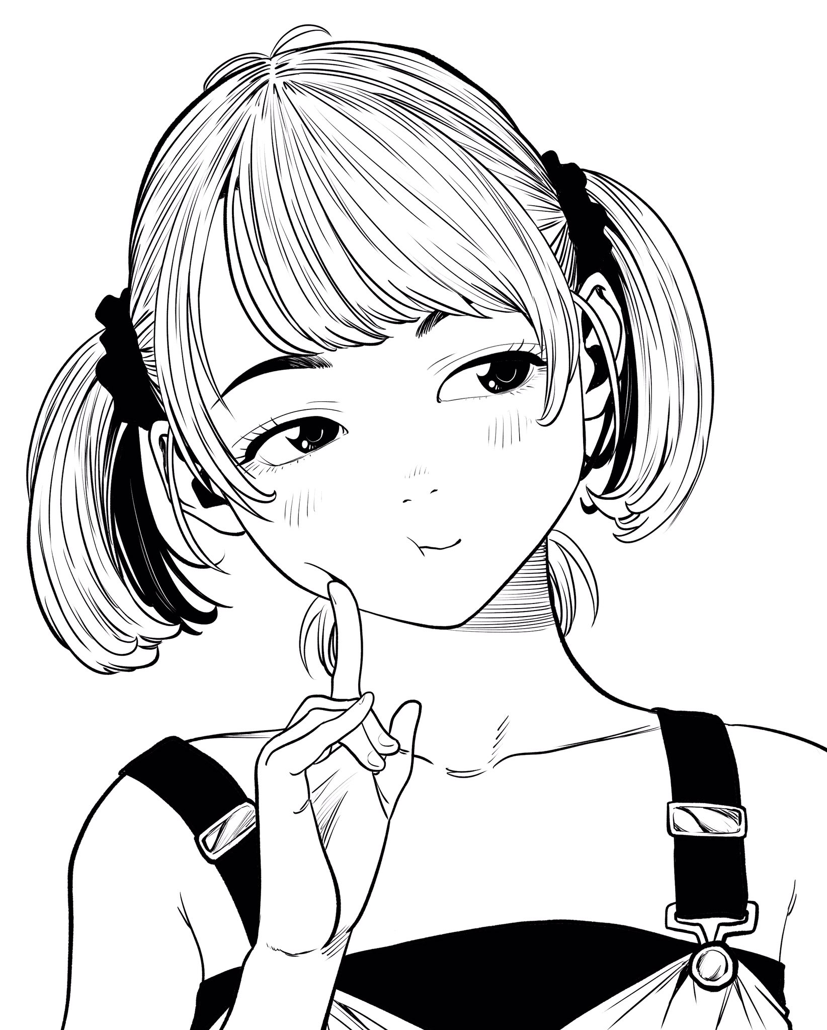 lee (dragon garou), original, commentary request, highres, 1girl, antenna hair, collarbone, eyebrows hidden by hair, finger to cheek, hatching (texture), head tilt, light blush, looking to the side, monochrome, overalls, portrait, short twintails, solo, straight-on, strap slip, strapless, thinking, tube top, twintails