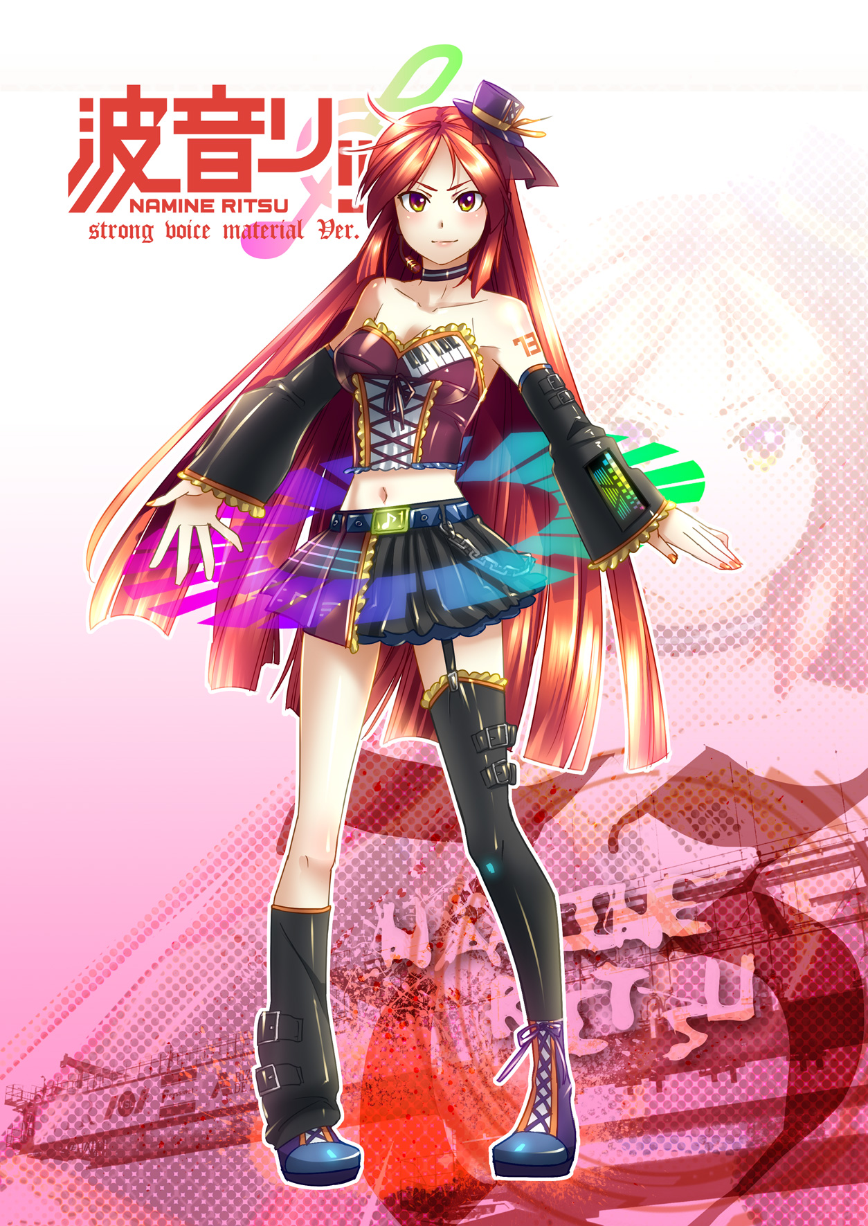 caffein, namine ritsu, utau, vocaloid, highres, 1boy, asymmetrical clothes, asymmetrical footwear, boots, chain, choker, detached sleeves, garter belt, garter straps, hat, headset, legs, male focus, midriff, mismatched footwear, navel, single thighhigh, solo, thighhighs, top hat, trap