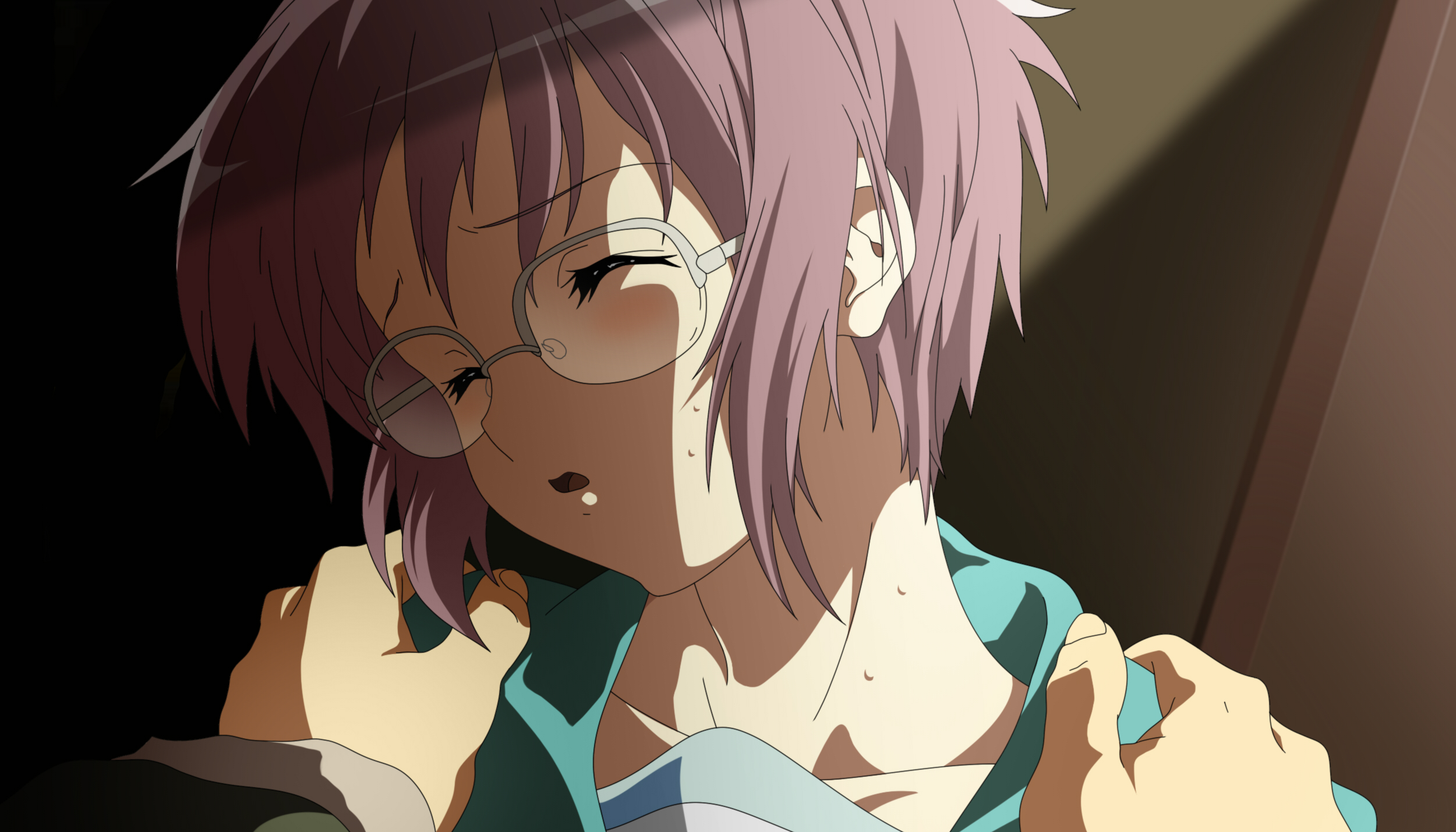 toshi (anime coloring), nagato yuki, suzumiya haruhi no shoushitsu, suzumiya haruhi no yuuutsu, highres, 10s, 1girl, closed eyes, glasses, purple hair, school uniform, serafuku, solo focus, sweat