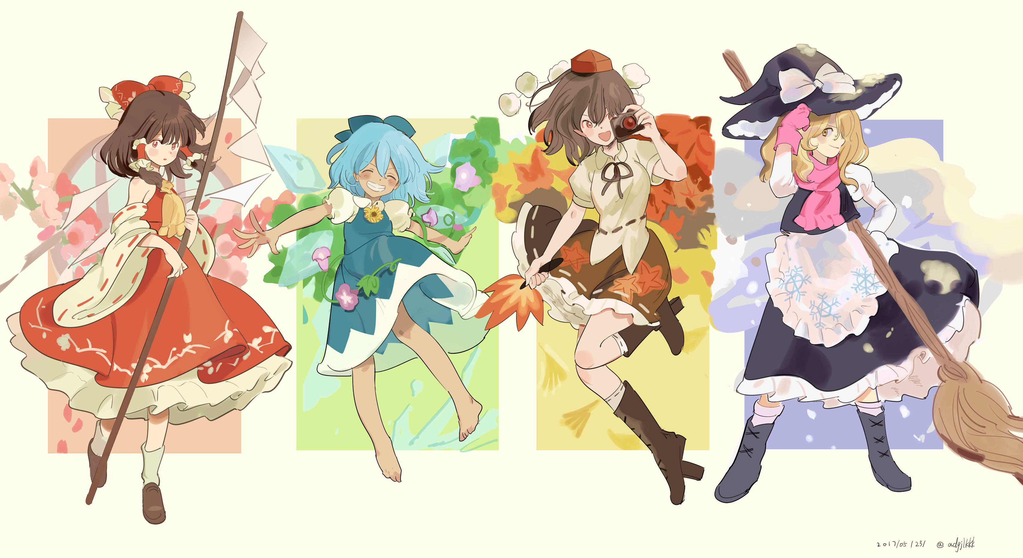 nengo, cirno, hakurei reimu, kirisame marisa, shameimaru aya, tanned cirno, hidden star in four seasons, touhou, absurdres, highres, >:), 4girls, :d, :o, adjusting clothes, adjusting headwear, apron, arm at side, ascot, autumn, bare shoulders, barefoot, black boots, black hat, black skirt, black vest, blonde hair, blue bow, blue dress, blue ribbon, blush stickers, boots, bow, broom, brown boots, brown hair, camera, cherry blossoms, closed eyes, closed mouth, collared shirt, dated, detached sleeves, detached wings, dot nose, drawstring, dress, expressionless, facing viewer, floral print, flower, frilled apron, frilled bow, frilled hair tubes, frills, from side, full body, geta, gloves, gohei, grin, hair bow, hair ornament, hair ribbon, hair tubes, hand fan, hand on headwear, hand up, hat, hat bow, hauchiwa, height difference, holding, holding camera, holding fan, holding gohei, ice, ice wings, japanese clothes, juliet sleeves, knee boots, kneehighs, lace-up boots, leaf, leg lift, loafers, long sleeves, looking at viewer, medium hair, morning glory, multiple girls, open mouth, outstretched arms, palm leaf, pink flower, pink gloves, pink scarf, playable command (touhou), pointy ears, pom pom (clothes), print apron, profile, puffy short sleeves, puffy sleeves, red bow, red eyes, red hat, red skirt, red vest, ribbon, ribbon-trimmed shirt, ribbon-trimmed skirt, ribbon-trimmed sleeves, ribbon-trimmed socks, ribbon trim, scarf, seasons, shirt, shoes, short hair, short sleeves, skirt, skirt set, smile, snow, snowflake print, snowing, socks, spread arms, spring (season), standing, standing on one leg, summer, sunflower, tan, tareme, teeth, tengu-geta, tokin hat, tsurime, twitter username, v-shaped eyebrows, vest, waist apron, white apron, white bow, white shirt, white socks, wide sleeves, wing collar, wings, winter, witch hat, yellow ascot, yellow background, yellow eyes