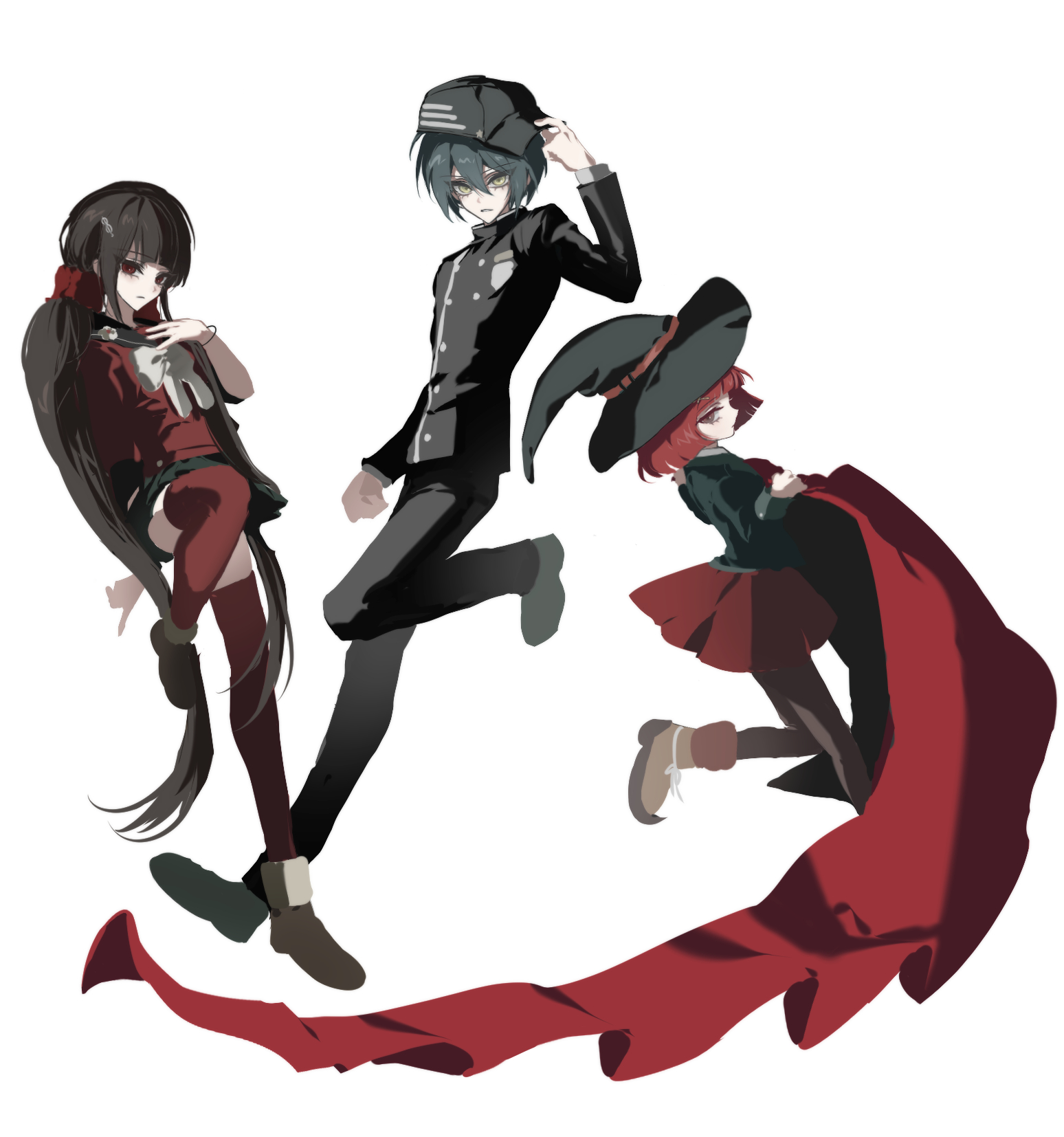 harukawa maki, saihara shuichi, yumeno himiko, danganronpa (series), danganronpa v3: killing harmony, commentary, highres, 1boy, 2girls, black hair, black hat, black jacket, blunt bangs, brown eyes, brown hair, buttons, collared jacket, full body, hair between eyes, hair ornament, hair scrunchie, hand up, hat, hat belt, jacket, leg up, long hair, long sleeves, looking at viewer, low twintails, midair, multiple girls, pants, pantyhose, pleated skirt, red eyes, red hair, red scrunchie, red shirt, red thighhighs, sailor collar, school uniform, scrunchie, shirt, short hair, skirt, standing, tanhwan, thighhighs, twintails, very long hair, white background, witch hat