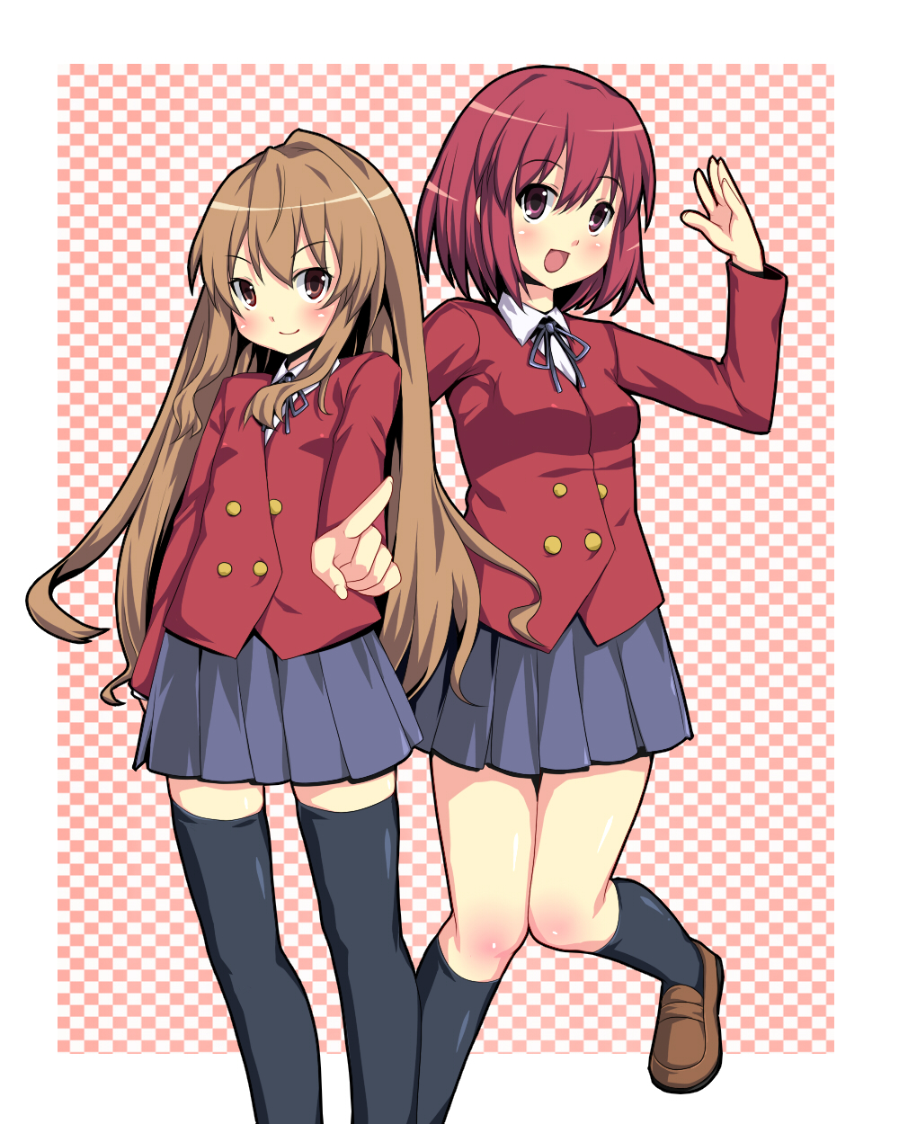 kuro minamo, aisaka taiga, kushieda minori, toradora!, bad id, bad pixiv id, highres, 2girls, brown eyes, brown hair, checkered background, latex, loafers, long hair, multiple girls, pointing, red eyes, red hair, salute, school uniform, shoes, short hair, smile, thighhighs